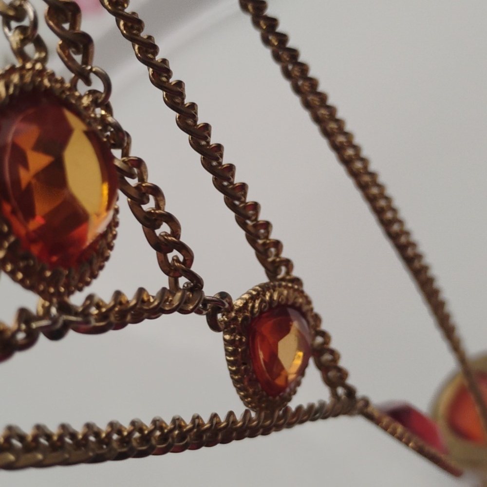 Whimsical Gold tone and Orange Layered Necklace Acrylic Gems - Picture 6 of 9